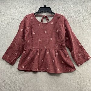 Madewell Mulberry Embroidered Lightspun Peplum Open Back Top Blouse NWT Size S